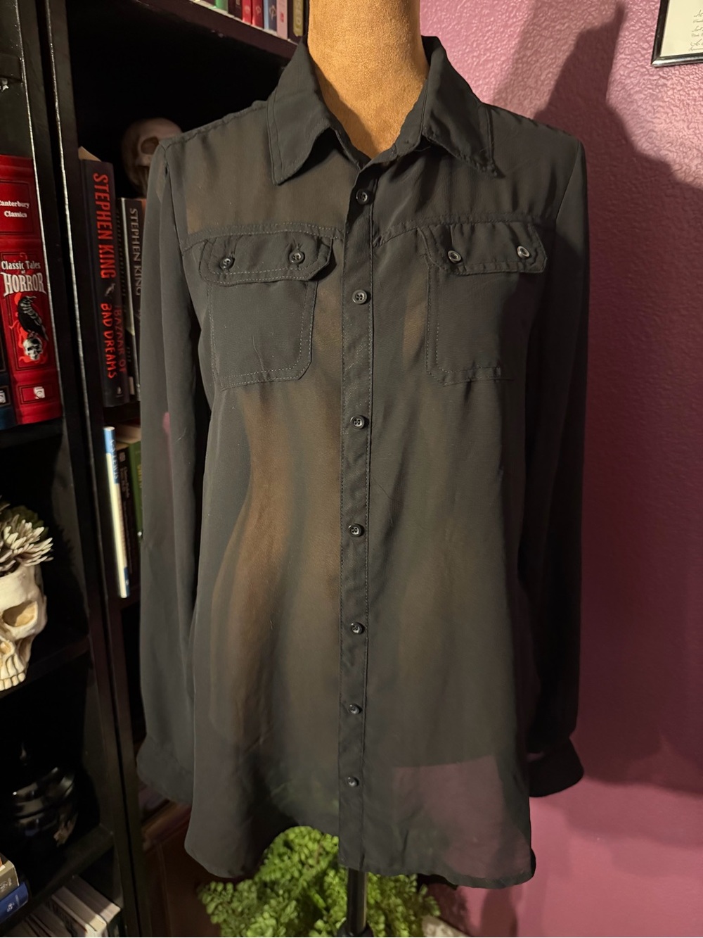 INC Sheer Black Button-Up Blouse- corporate goth